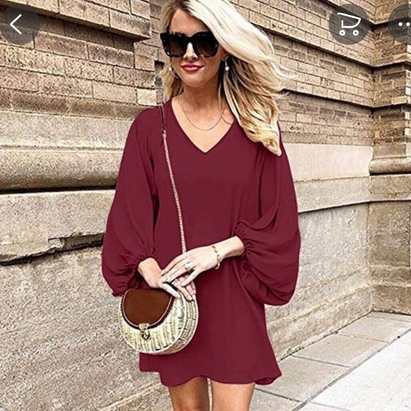 EXPRESS•Puff Sleeve burgundy Tunic Dress - Picture 5 of 5